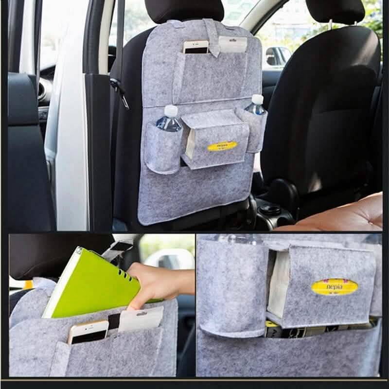 2-Pack Car Seat Back Storage Bag with pockets for bottles, tablets, and phones, keeping car backseat organized.