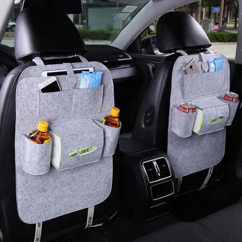 2-Pack Car Seat Back Storage Bag with multiple compartments for organizing snacks, drinks, and devices in a car.