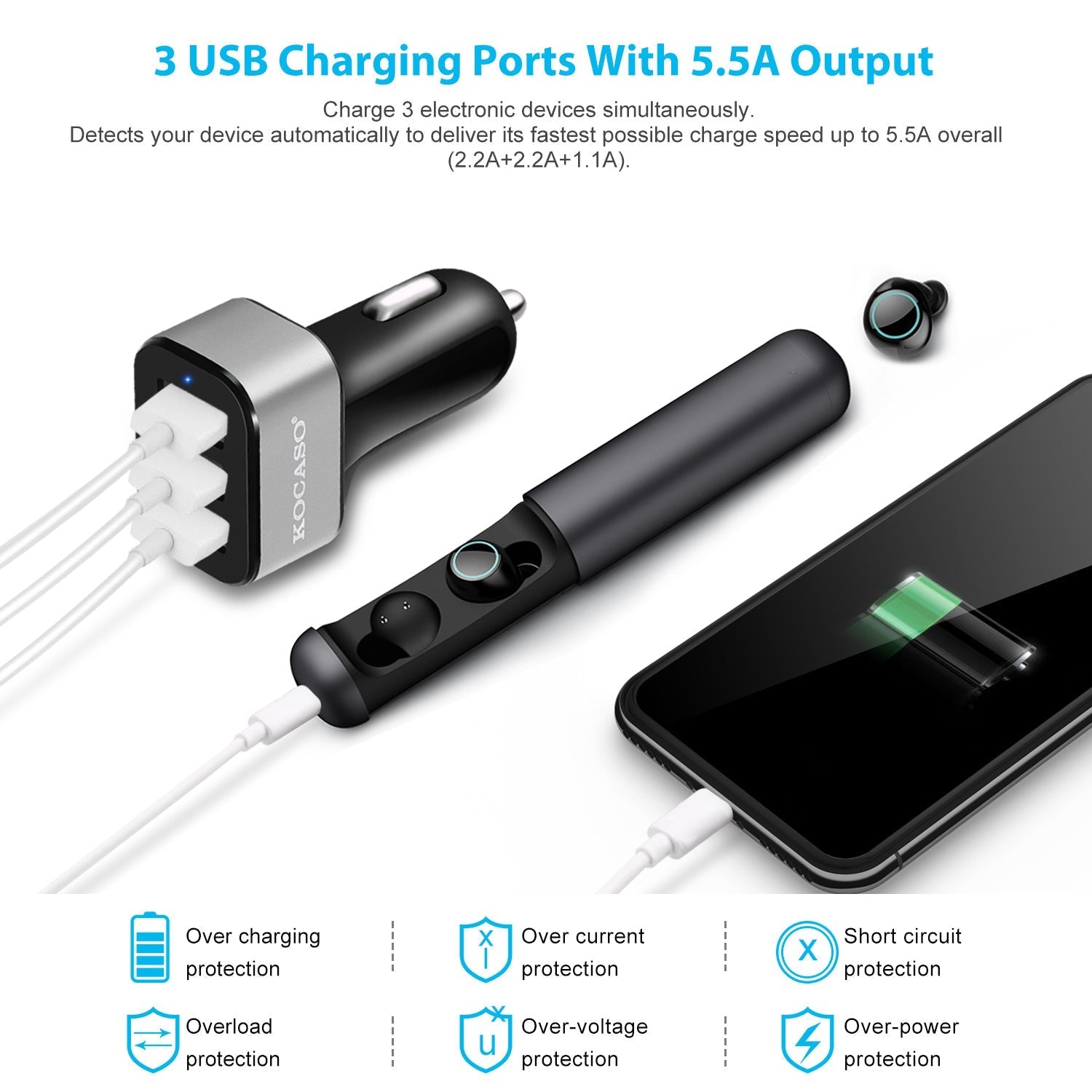 USB Car Charger 30W 5.5A 3 USB Port Cigarette Lighter Charger Adapter For iPhone XS/iPhone XS Max/iPhone 8 Plus/Galaxy S7/Galaxy S6