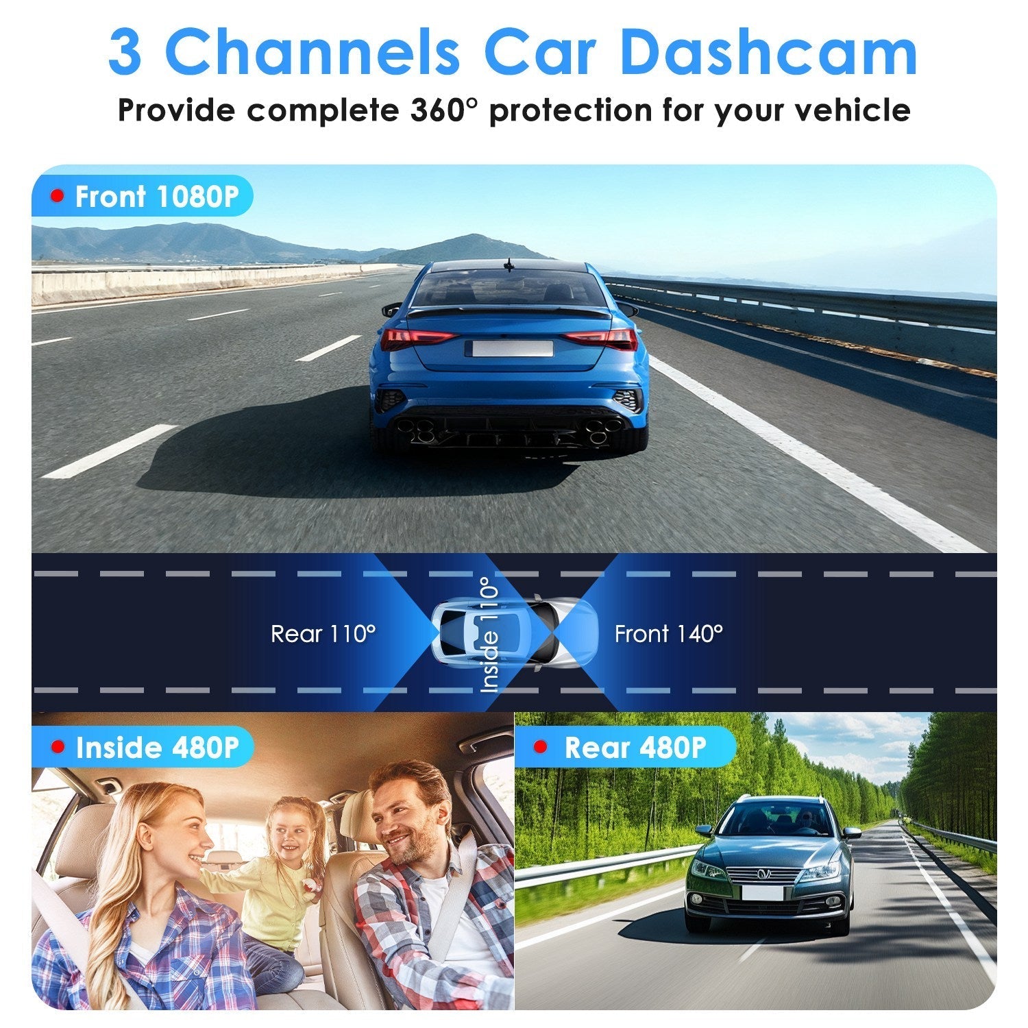 WiFi 1080P 3-Channel Dash Cam with Night Vision & 32GB Card