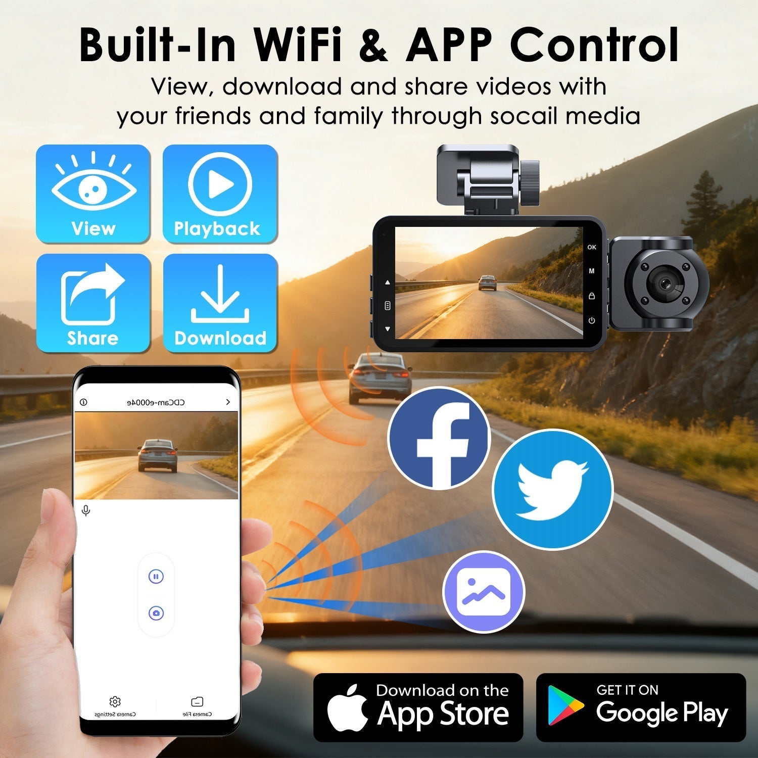 WiFi 1080P 3-Channel Dash Cam with Night Vision & 32GB Card