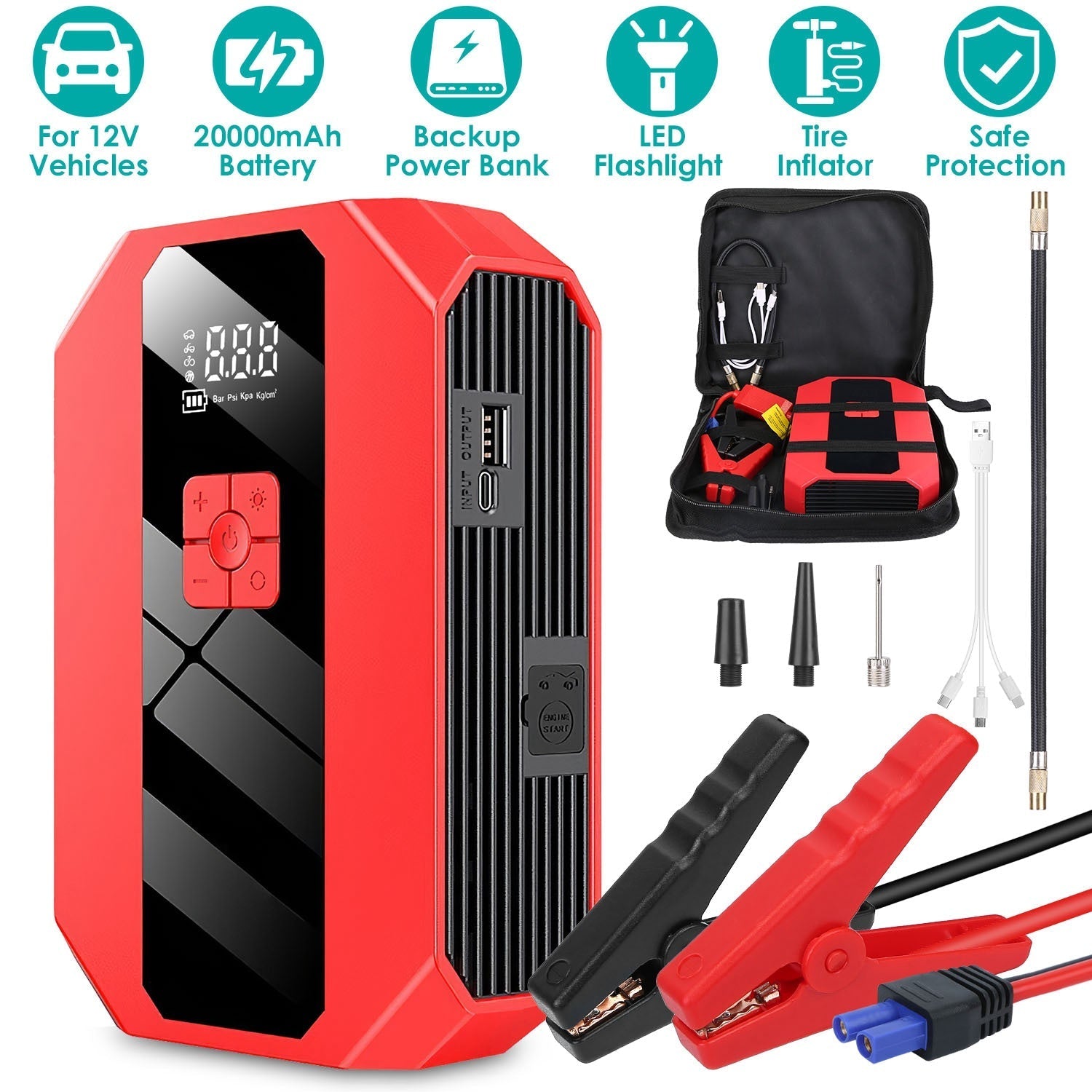 Portable Car Jump Starter Air Compressor 1500A 400PSI Car Battery Charger Jump Starter Power Bank LED Flashlight Digital Tire Inflator for 4.0L Gasoli