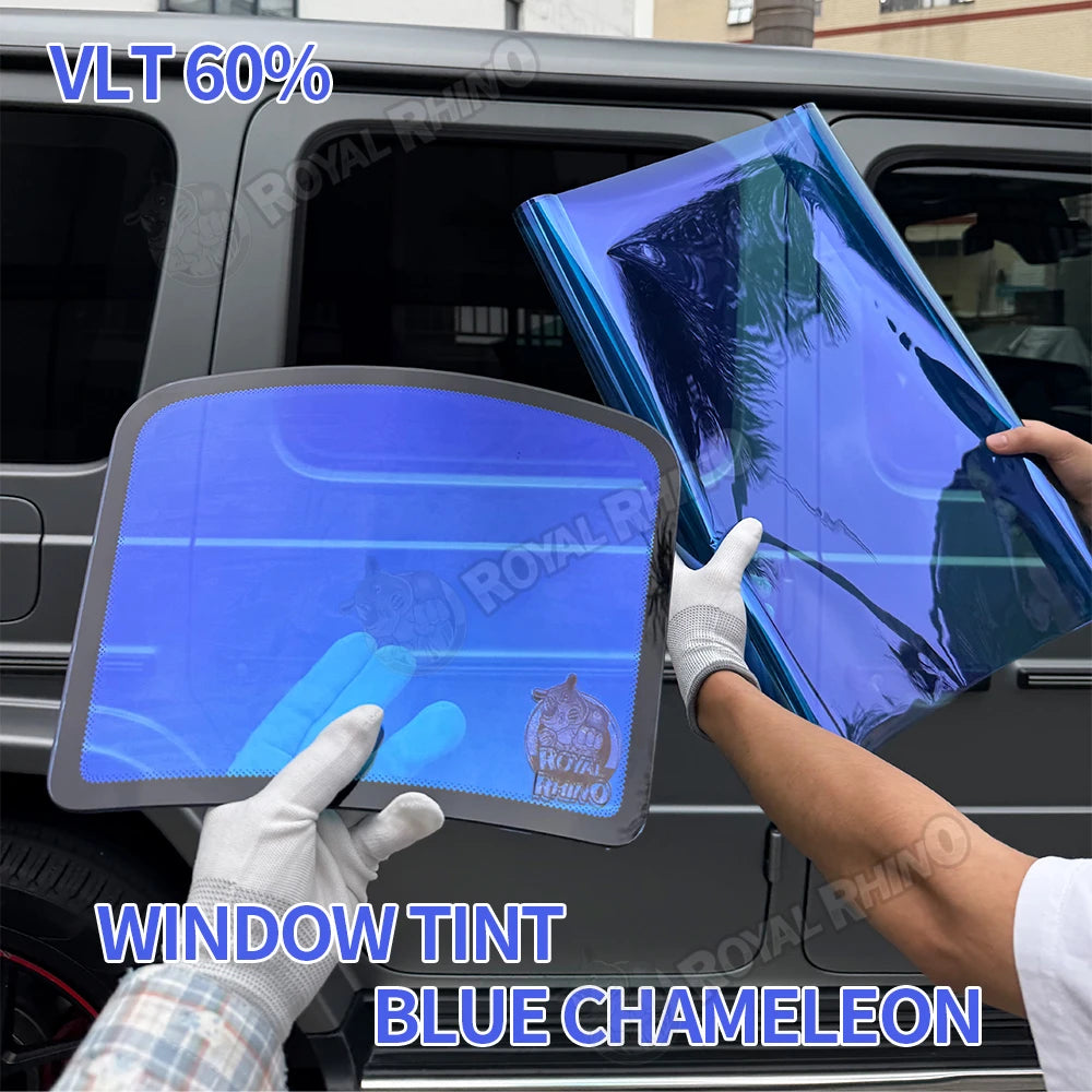 Chameleon Blue Reflective Windshield Film VLT 60% shown being held with blue colors and reflective properties.