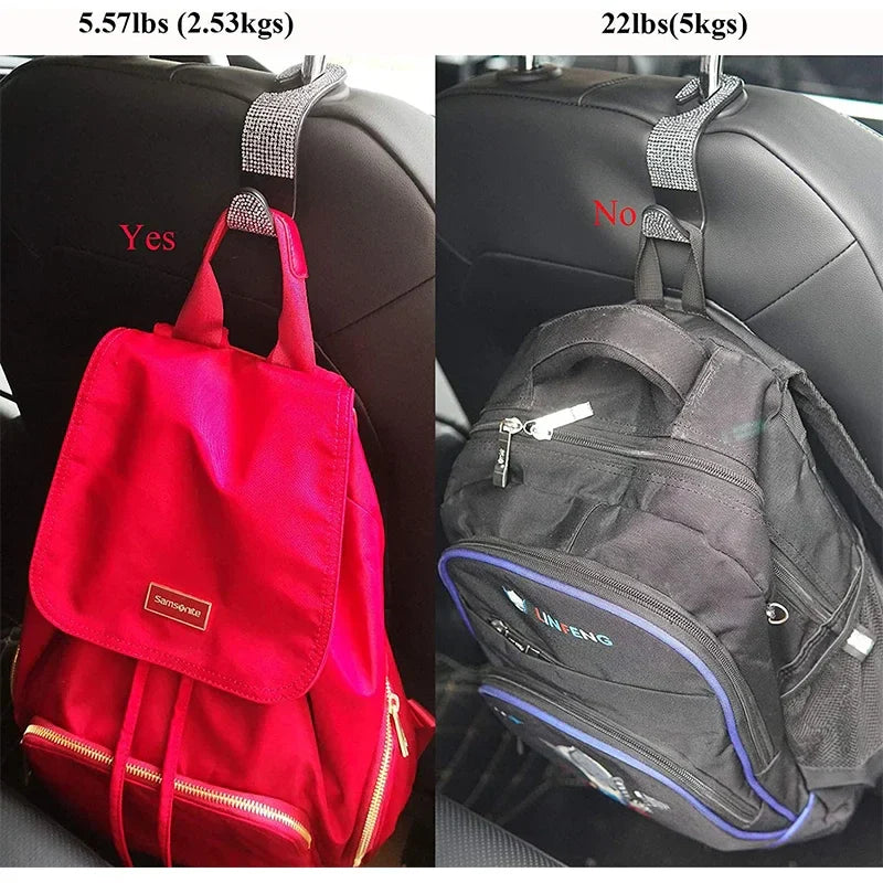 Comparison of two backpacks on a car seat back, showing weight limit for Rhinestone Car Seat Back Hook usage.