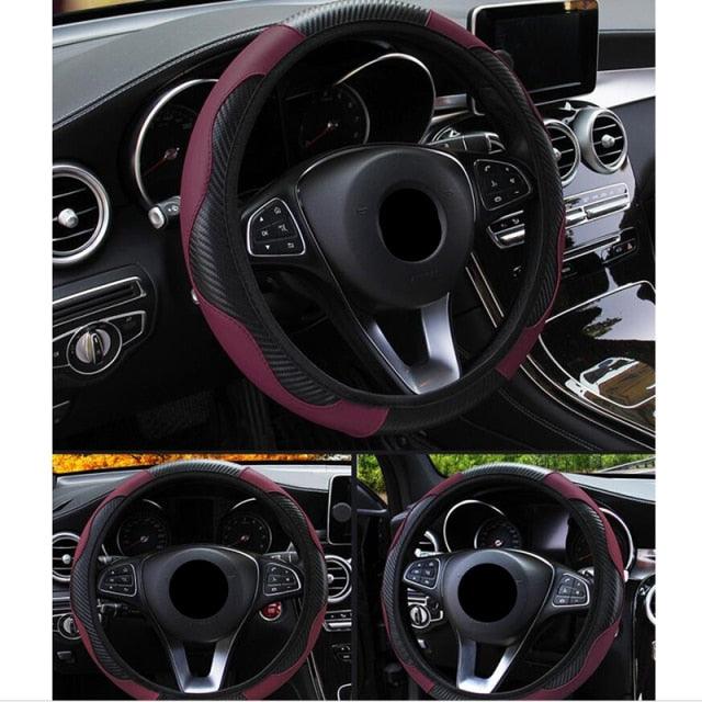 Car Steering Wheel Cover Breathable Anti Slip PU Leather Steering Covers Suitable 37-38cm Auto Decoration Carbon Fiber Thread Leather Steering Wheel Cover Heavy Duty Pure Cowhide Steering Wheel Cover, Genuine Leather Steering Wheel Cover