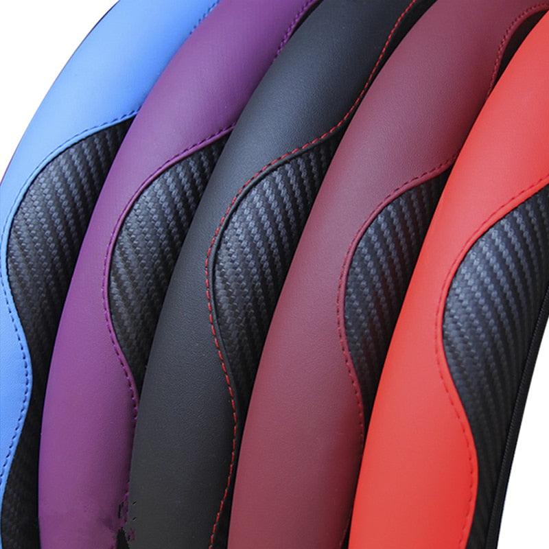 Car Steering Wheel Cover Breathable Anti Slip PU Leather Steering Covers Suitable 37-38cm Auto Decoration Carbon Fiber Thread Leather Steering Wheel Cover Heavy Duty Pure Cowhide Steering Wheel Cover, Genuine Leather Steering Wheel Cover