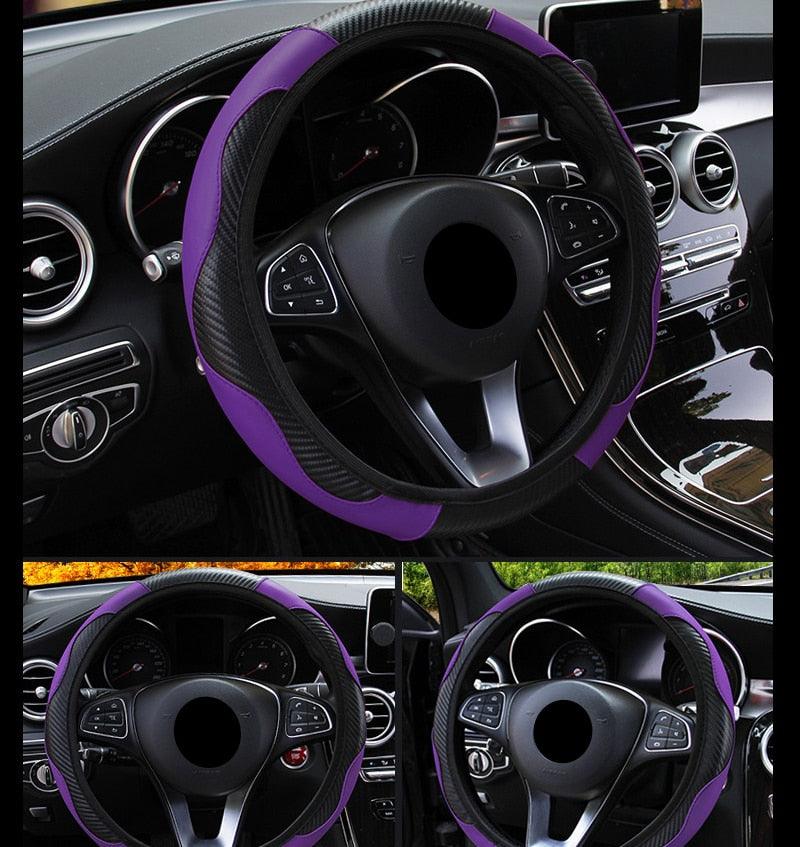 Car Steering Wheel Cover Breathable Anti Slip PU Leather Steering Covers Suitable 37-38cm Auto Decoration Carbon Fiber Thread Leather Steering Wheel Cover Heavy Duty Pure Cowhide Steering Wheel Cover, Genuine Leather Steering Wheel Cover
