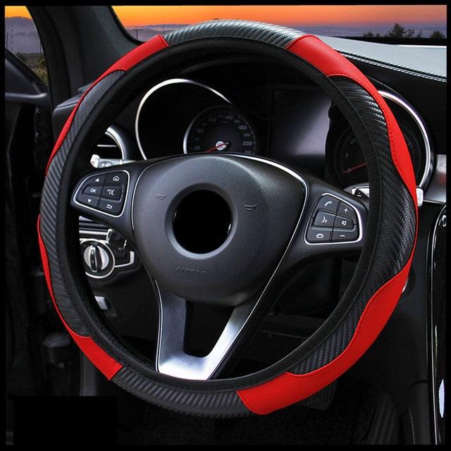 Car Steering Wheel Cover Breathable Anti Slip PU Leather Steering Covers Suitable 37-38cm Auto Decoration Carbon Fiber Thread Leather Steering Wheel Cover Heavy Duty Pure Cowhide Steering Wheel Cover, Genuine Leather Steering Wheel Cover