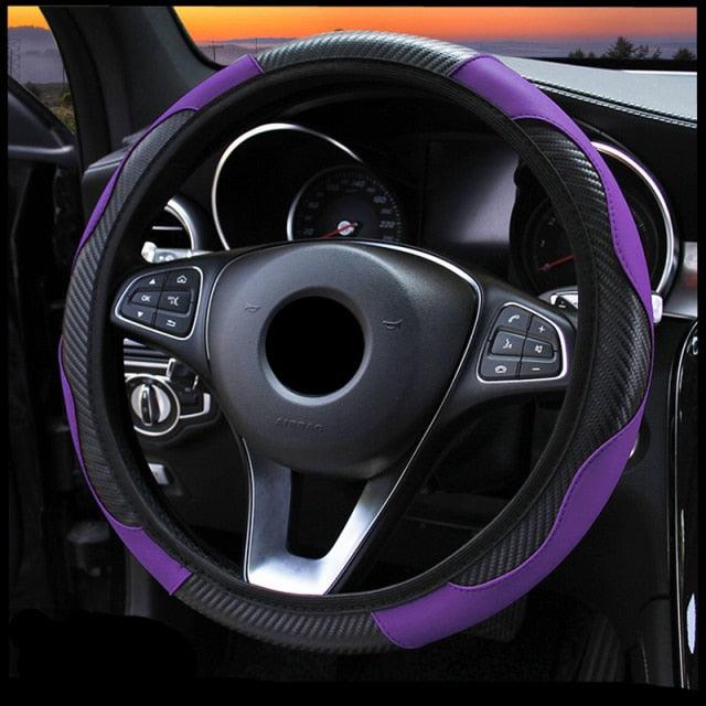 Car Steering Wheel Cover Breathable Anti Slip PU Leather Steering Covers Suitable 37-38cm Auto Decoration Carbon Fiber Thread Leather Steering Wheel Cover Heavy Duty Pure Cowhide Steering Wheel Cover, Genuine Leather Steering Wheel Cover