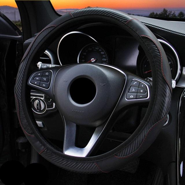 Car Steering Wheel Cover Breathable Anti Slip PU Leather Steering Covers Suitable 37-38cm Auto Decoration Carbon Fiber Thread Leather Steering Wheel Cover Heavy Duty Pure Cowhide Steering Wheel Cover, Genuine Leather Steering Wheel Cover