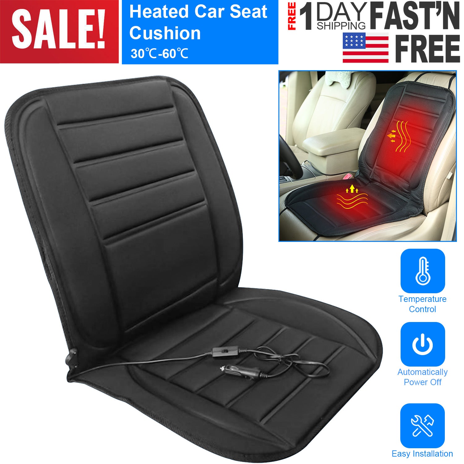 Heated Car Seat Cushion 12V Auto Seat Cover Warmer with Adjustable Temperature Controller for Cars Trucks Vans SUV
