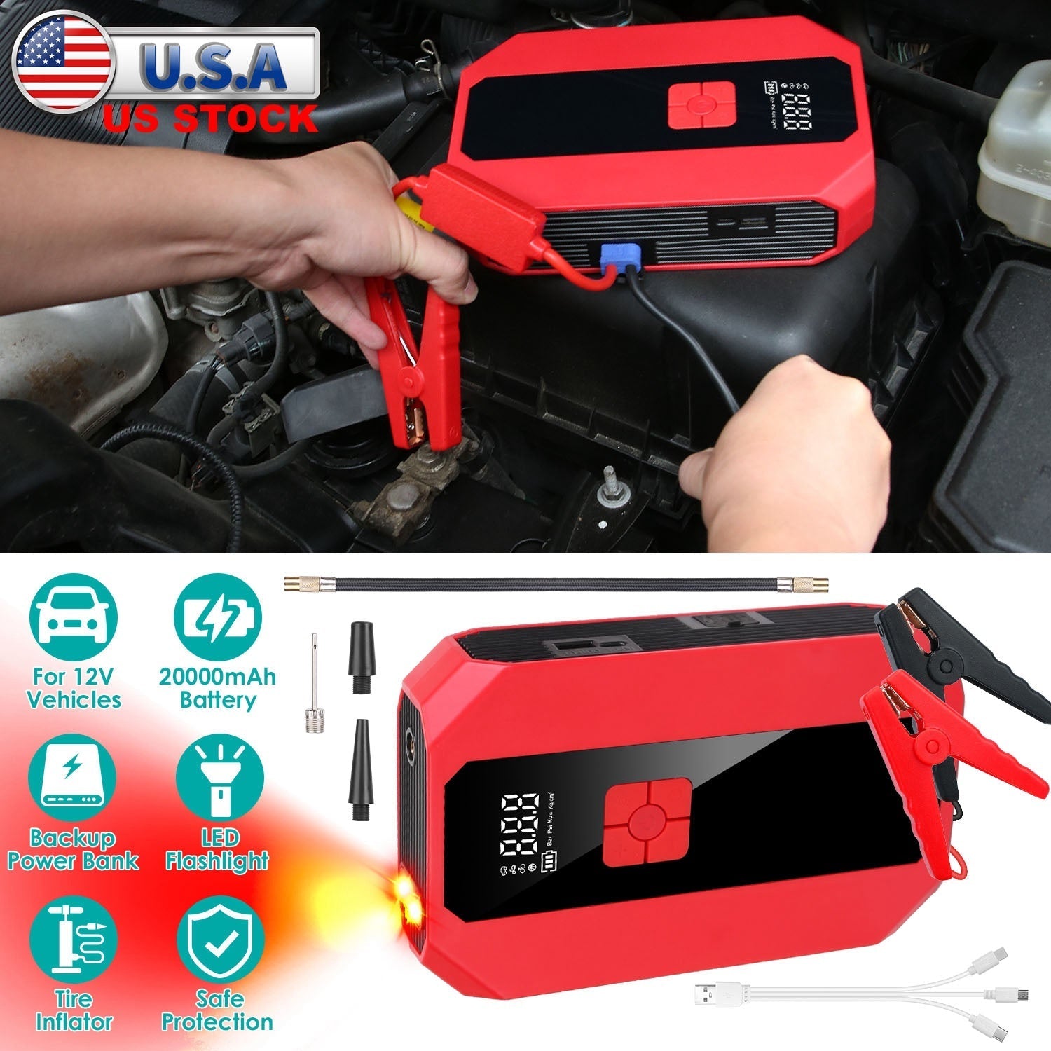 Portable Car Jump Starter Air Compressor 1500A 400PSI Car Battery Charger Jump Starter Power Bank LED Flashlight Digital Tire Inflator for 4.0L Gasoli
